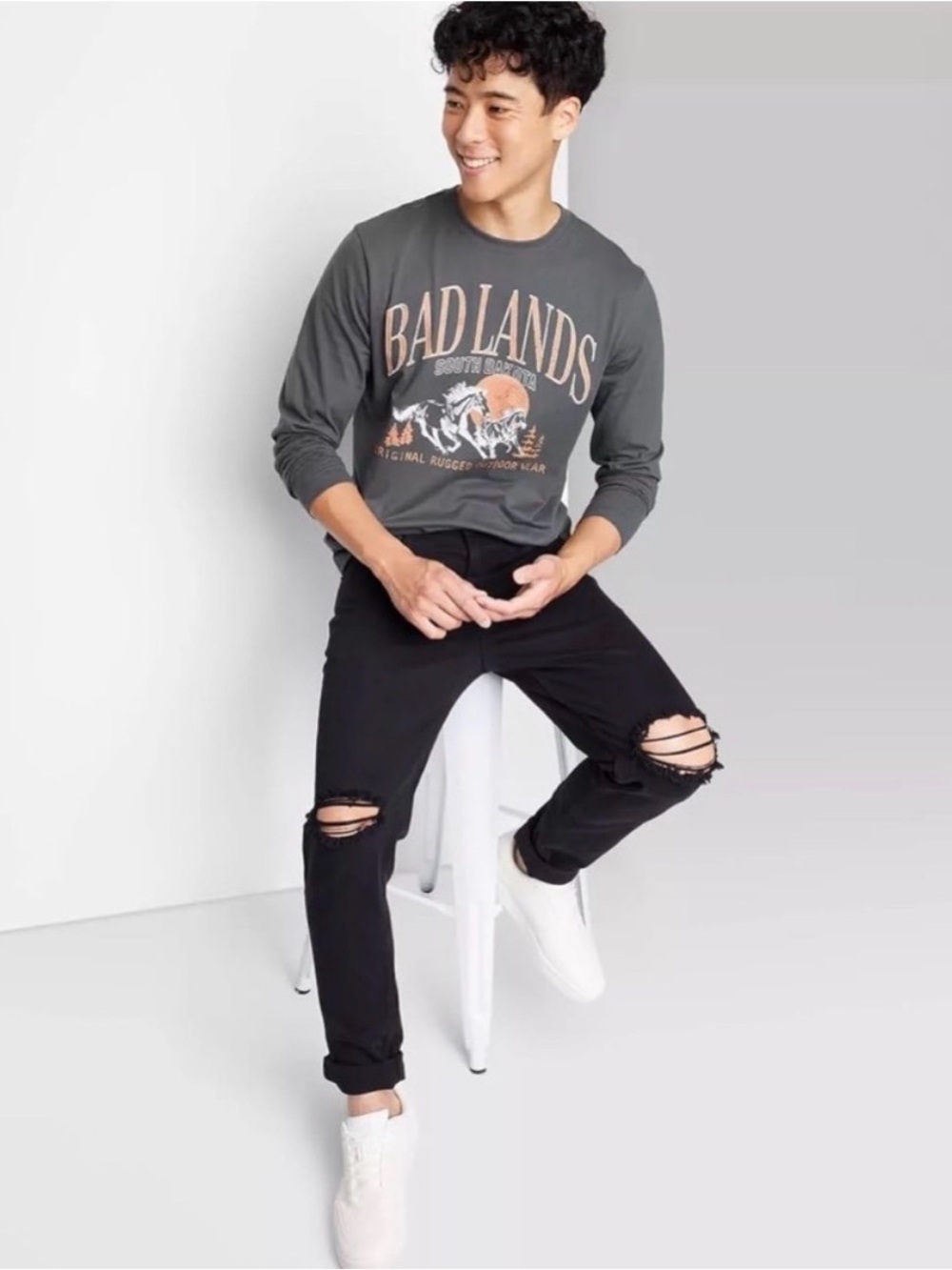 ⚡️NWT⚡️Men's Long Sleeve Bad Lands Graphic Tee - Charcoal with Orange